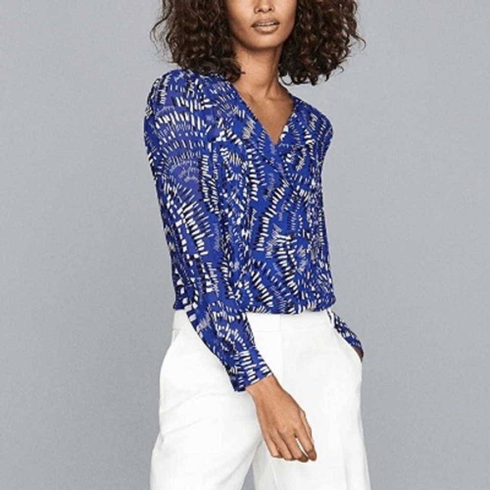 Reiss Daniella Blouse XS S M Oversized Blue Geometric Double Breasted Pleats EUC
